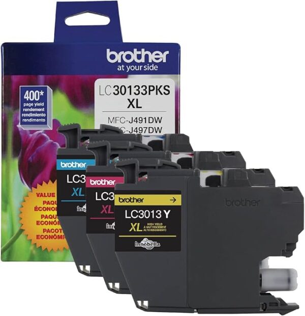 Brother Printer Genuine LC30133PKS 3-Pack High Yield Color Ink Cartridges, Page Yield Up to 400 Pages/Cartridge, Includes Cyan, Magenta and Yellow, LC3013